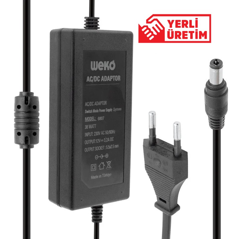 WEKO 12 VOLT - 3.2 AMPER - 38 WATT 5.5*2.5 UÇLU YERLİ ÜRETİM PLASTİK KASA MASAÜSTÜ ADAPTÖR